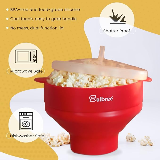 The Original Salbree Collapsible Silicone Microwave Popcorn Popper Maker Machine, Microwavable Bowl Holds 16 Cups, Uses Hot Air and Oil Always Optional - The Most Colors Available (Black)