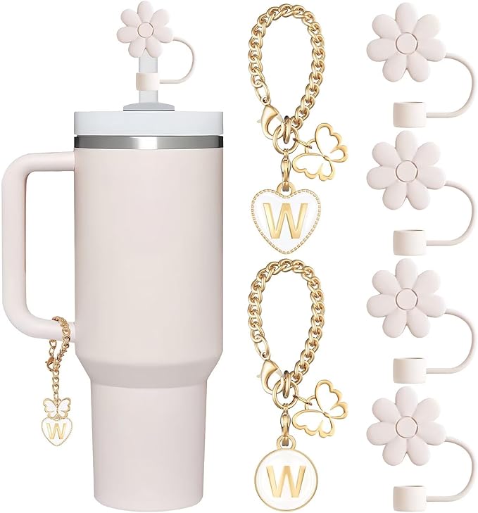 Compatible with Stanley Cup Accessories, 2PCS Butterfly Letter Charms with 4PCS 10mm Stanley Straw Cover Cap for Stanley Cup 30&40 Oz, Silicone Stanley Straw Toppers for Stanley Tumbler(W)