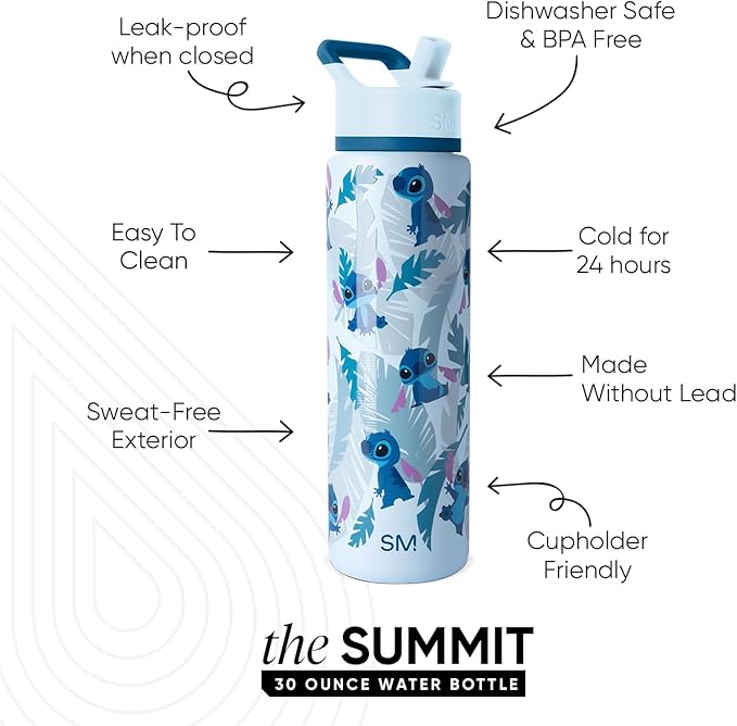 Simple Modern Summit Water Bottle with Straw Lid | Disney Stitch 30oz Leak Proof Stainless Steel Insulated Cup | Gifts for Her Him | Tropical Stitch