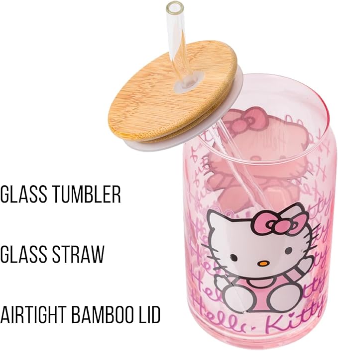 Silver Buffalo Sanrio Hello Kitty Waving Pink Glass Jar Tumbler with Bamboo Lid and Glass Straw, 16 Ounces