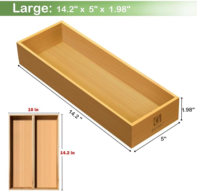 Bamboo Drawer Silverware Organizer, Silverware Tray, Flatware Organizer, Bamboo Storage Box Suitable for Office, Bathroom and other objects storage (14.2"x5"x2"-Set of 2)