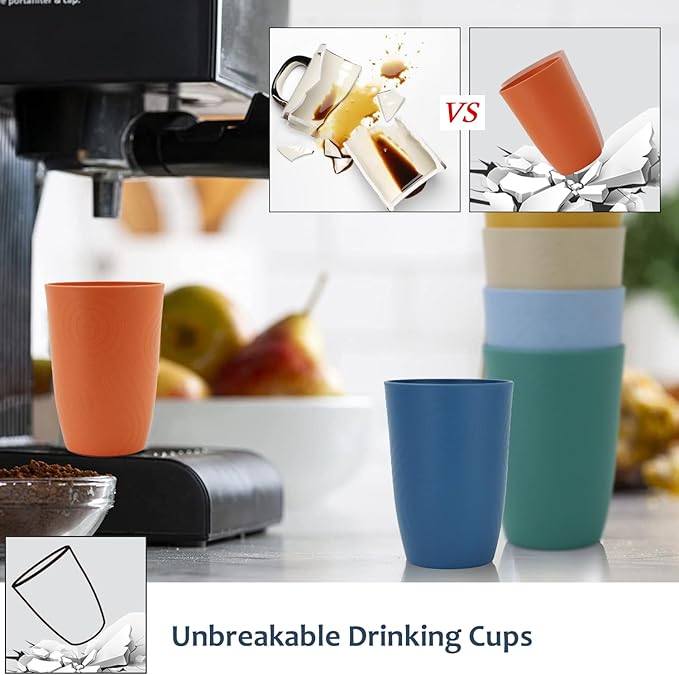 Wheat Straw Cups 6 PCS Plastic Cups Reusable Unbreakable Drinking Cup Dishwasher Safe Water Glasses with Unique Pattern (16 OZ)