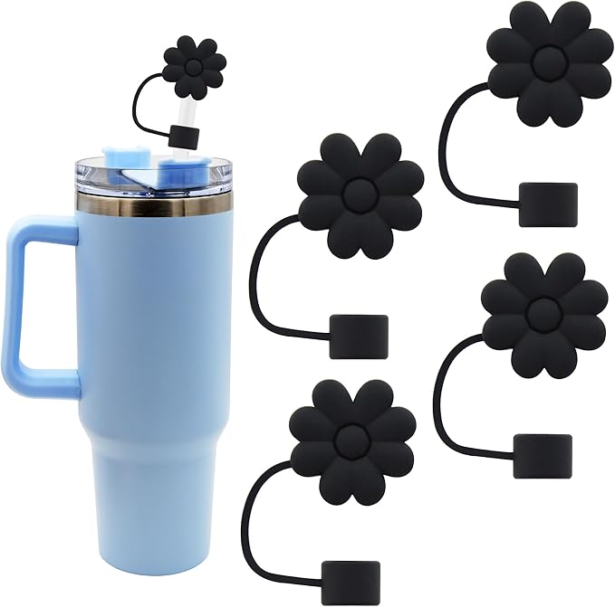 Flower Straw Cover Cap for Stanley Cup Silicone Straw Topper Compatible with 30&40 Oz Tumbler, 4pcs Black Flower