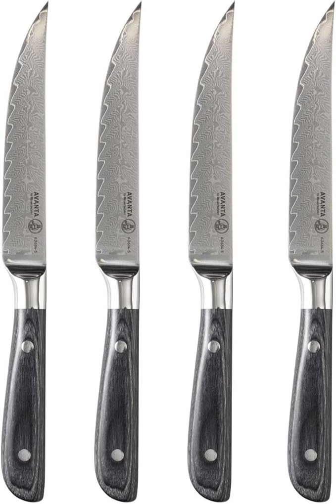 Messermeister Avanta Damascus Forged 5” Fine Edge Steak Knife Set - Rust Resistant & Easy to Maintain - Includes 4 Steak Knives
