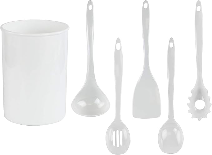 Reston Lloyd 6 Piece Kitchen Utensil Holder for Kitchen Counter, Utensils Crock with Heat Resistant Spoon, Slotted Spoon, Ladle, Spatula BPA Free, White