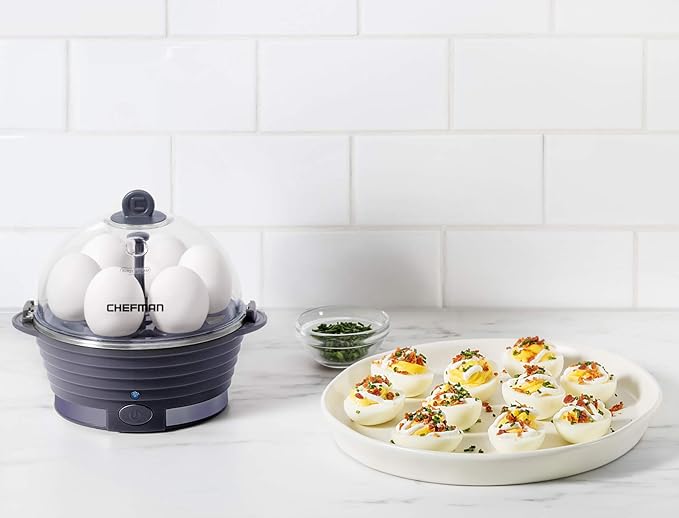Chefman Electric Egg Cooker Boiler, Rapid Poacher, Food & Vegetable Steamer, Quickly Makes Up To 6, Hard, Medium or Soft Boiled, Poaching/Omelet Tray Included, Ready Signal, BPA-Free, Midnight Blue
