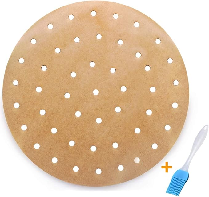 100pcs Unbleached Air Fryer Liners, 9inch Bamboo Steamer Liners, Vancens Premium Perforated Parchment Steaming Paper Rounds, Non-stick Steamer Mat, Perfect for 5.3 & 5.8 QT Air Fryers/Baking/Cooking