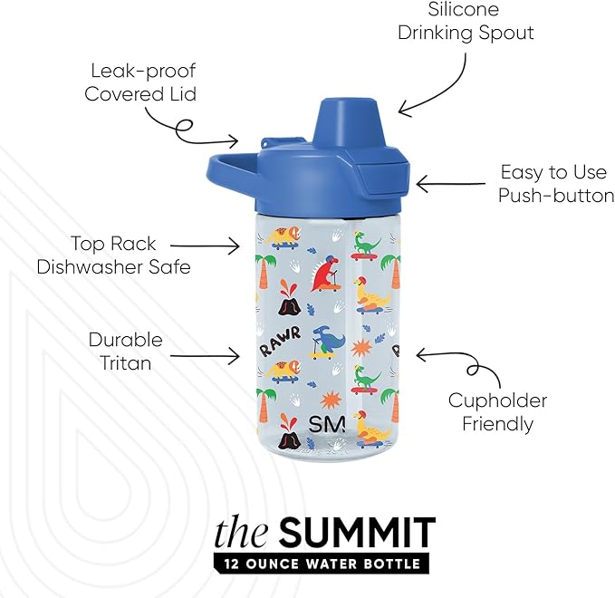 Simple Modern Kids Tritan Plastic Summit Water Bottle | 12 oz BPA-Free Cup with Covered Leak Proof Straw Lid for Boys, Toddlers | Rad Dino