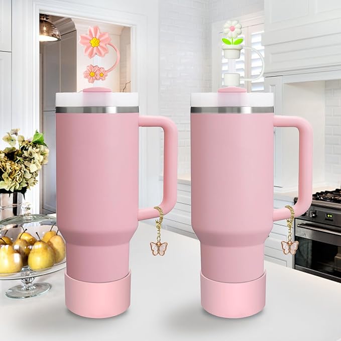 Stanley Cup Accessories Set,Including 2 Pcs 0.4in Straw Cover, 1 Silicone Spill-Proof Stopper Set of 3, 1 Cute Butterfly Handle Charm, 1 Silicone Boot Fits Stanley 40&30 Oz Tumbler (Pink)