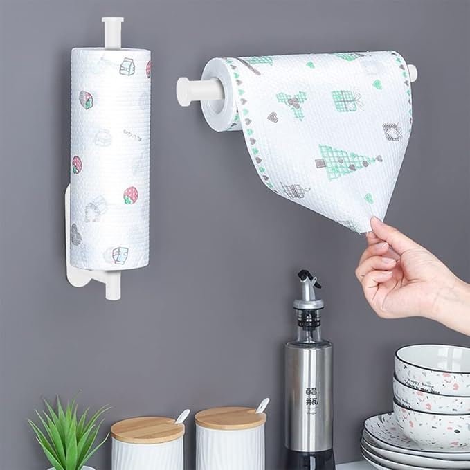 MGahyi Paper Towel Holder Wall Mount, Self Adhesive Or Drilling Under Cabinet Kitchen, 13.2 inch Stainless Steel Paper Towel Roll Rack, Towel Roll Hanger for Bathroom(Rectangle-White, Rectangle)