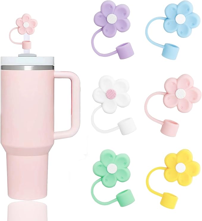 6 Pcs Cute Flowers Straw Covers Cap Toppers Compatible with Stanley 30&40 oz Tumbler Cups,Reusable Silicone Straws Tips Lids Protectors for 0.4 in/10mm Stanleys Cup Accessories