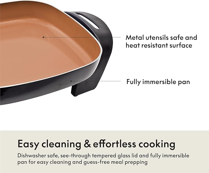BELLA Electric Ceramic Titanium Skillet, Roast, Fry and Steam, Healthy-Eco Non-stick Coating, Convenient Easy Clean Up, Glass Lid Included, 12" x 12", Copper/Black