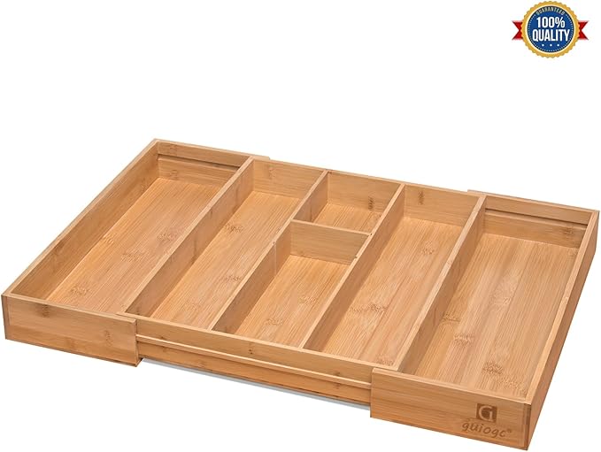 Bamboo Silverware Organizer, Expandable Kitchen Drawer Organizer and Utensil Organizer, Cutlery Tray with Drawer Dividers for Kitchen Utensils and Flatware, Bedroom, Living Room (Natural)