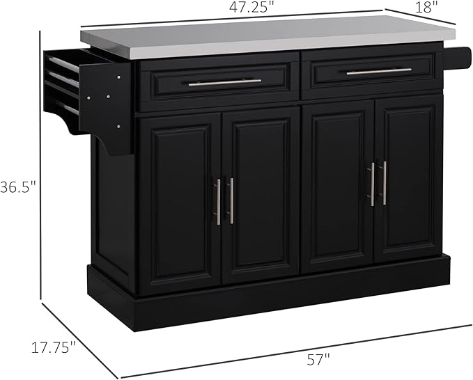 HOMCOM Rolling Kitchen Island Cart with Wheels, Portable Island Table for Kitchen with Stainless Steel Top, Adjustable Shelves, 2 Drawers, Spice, Knife and Towel Rack, Black