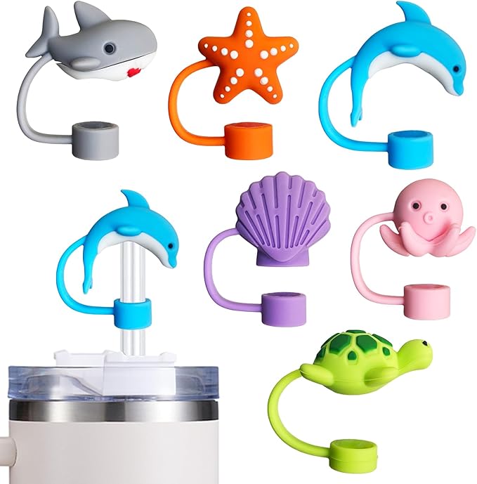 6PCS Cute Sea Animal Silicone Straw Cover Cap for Stanley 30&40 Oz Tumbler with Handle, 10mm Dust-Proof Reusable Straw Tips Lids