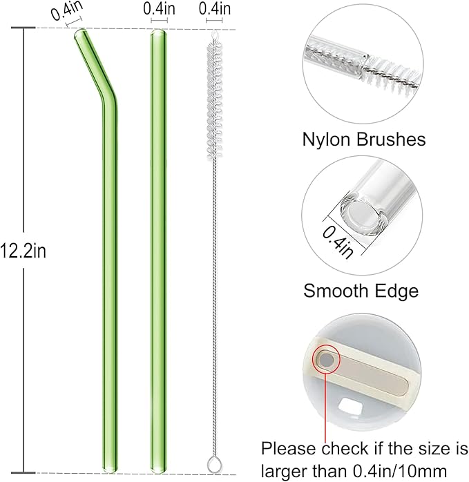 Replacement Straw Compatible with Stanley 40 oz Tumbler Straws, 4 Pcs Reusable Straws with Cleaning Brush, Long Glass Straw for Stanley Accessories, Green