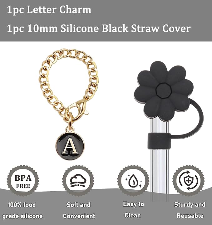 Stanley Cup Accessories, 1pc Flower Straw Cover Silicone Straw Topper for Stanley 30&40 oz Tumbler with Handle and 1pc Initial Letter Charm for Cup (Letter A)