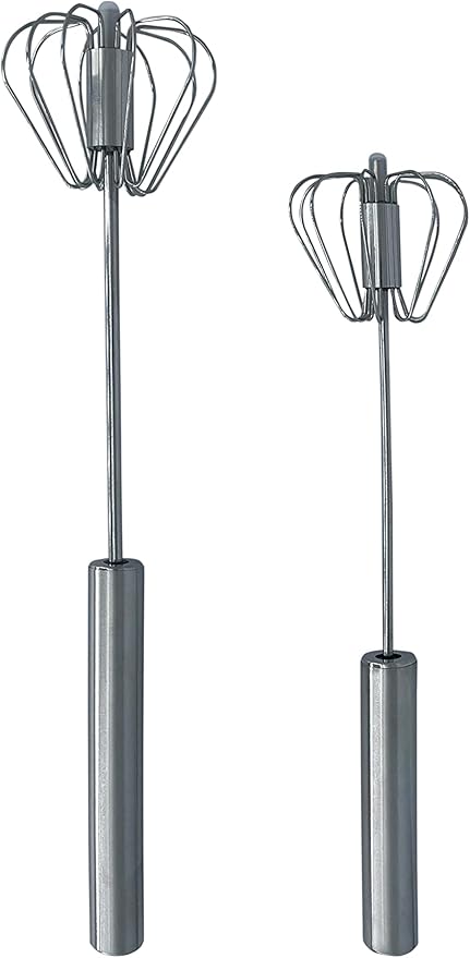 Stainless Steel Push Whisk - Easy to Use Manual Hand Mixer & Plunger Whisk - Make Froth, Foam & Whipped Cream - Semi Auto Egg Beater Plastic Tip Won’t Scratch Pans (2 Pack 10in & 12in) STEEL