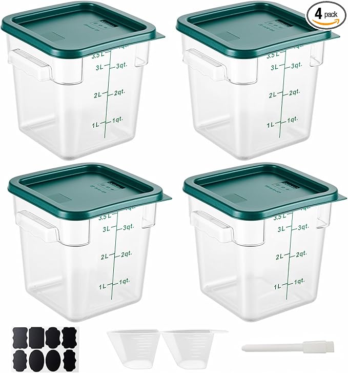 4 Pack 4QT Food Storage Containers with Green Lids, Clear Square Commercial Food Grade Storage Containers with Handles and Scales, BPA-Free Airtight Restaurant Container for Sourdough, Marinating Meat