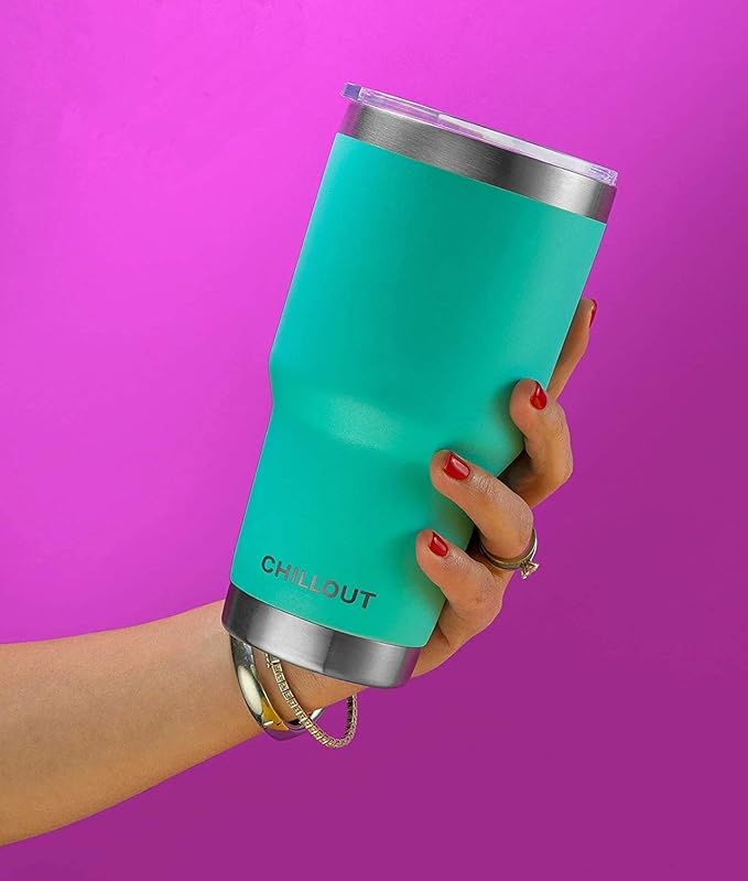 Stainless Steel Travel Mug with Handle 30 oz – 6 Piece Set. Tumbler with Handle, Straw, Cleaning Brush & 2 Lids. Double Wall Insulated Large Coffee Mug Bundle - Aqua Blue Powder Coated Tumbler