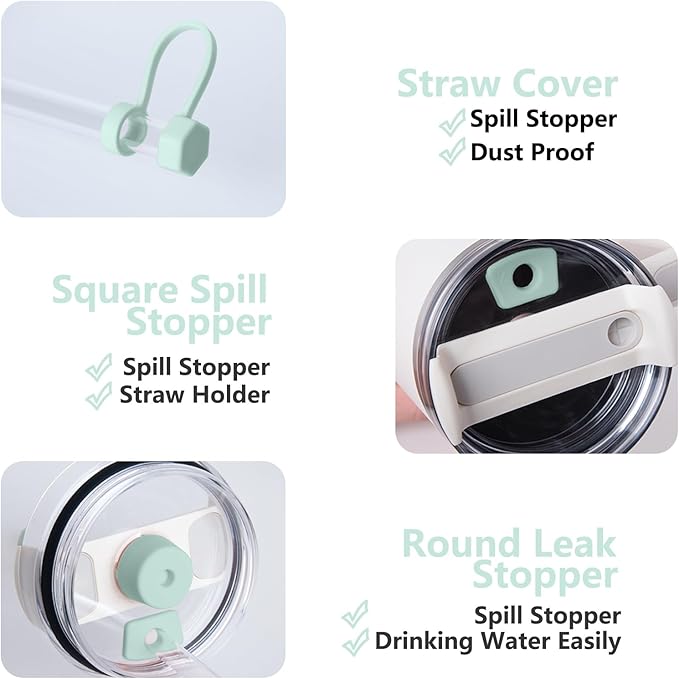 Silicone Spill Stopper Set Compatible with Stanley Cup 2.0 30oz & 40oz with Straw Cover (Set of 2, Seafoam)