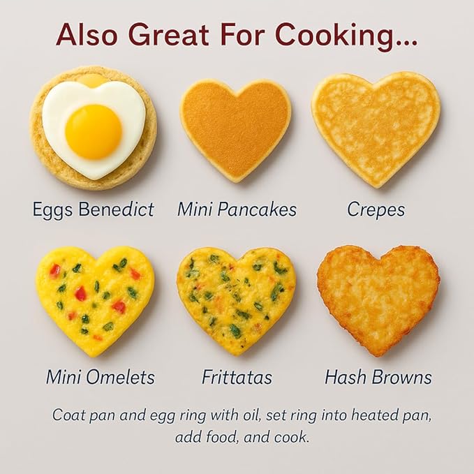 HIC Kitchen Non-Stick Egg and Pancake Cooking Rings, Heart Shaped, Non-Stick Carbon Steel; PFOA and BPA Free, Set of 2