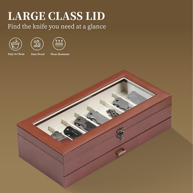 AUTOARK 2-Tier PU Leather & Velvet Knife Organizer with 17 Slots,Transparent Glass Top & Drawer,Compact Storage for Pocket Knives,Perfect for Men's Collections & Gifts,Brown,MKAW017