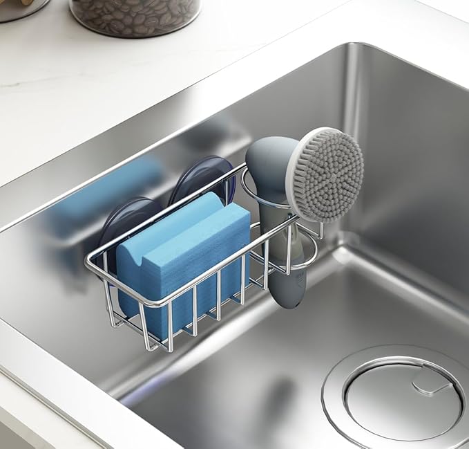 Sink Caddy Sponge Holder for Kitchen Sink 2 Suspension Options(Suction Cups and Adhesive Hook), SUS304 Stainless Steel, Silver