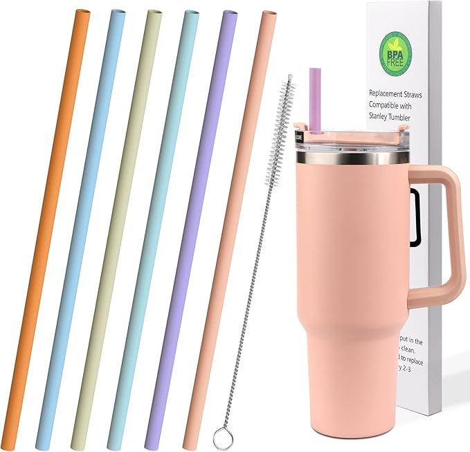 AIERSA 6 Pack Pastel Colors Straw for 40oz Stanley Cup with Handle,Reusable Silicone Straws Compatible Stanley 20 30 40oz Tumbler,Long Straw with Cleaning Brush for Stanley Cup Accessories
