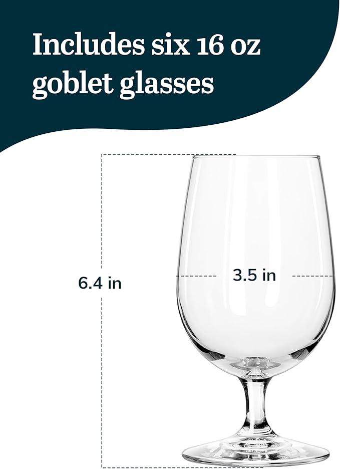 Libbey Entertaining Essentials Stemmed Water Glasses, Clear Multi Purpose Water Goblet Set of 6, Dishwasher Safe 16 oz Goblet Glasses for Parties