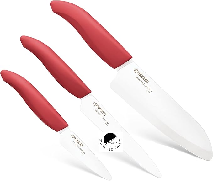 Kyocera 3-Piece Ceramic Knife Set: Includes 6-inch Chef's Knife, 5-inch Micro Serrated Knife, and 3-inch Paring Knife - Red Handles with White Blades
