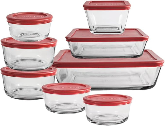 Anchor Hocking 16 Piece Glass Storage Containers with Lids (8 Glass Food Storage Containers & 8 Red SnugFit Lids)