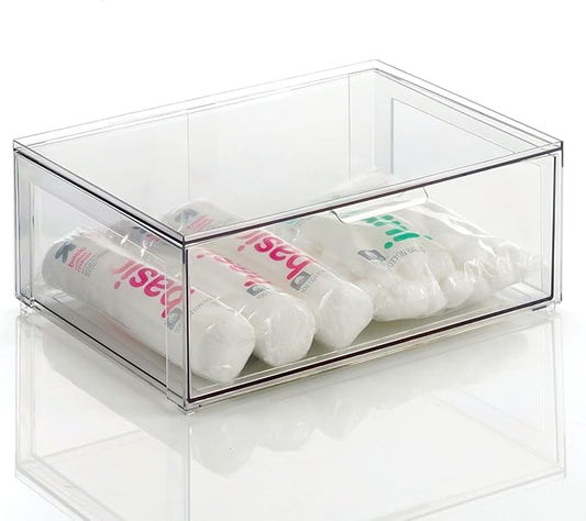 mDesign Plastic Stackable Bathroom Storage Organizer Bin Containers with Front Pull Drawer for Bathroom Countertop, Vanity, Closet Shelves - Holder for Beauty Accessories - Lumiere Collection - Clear