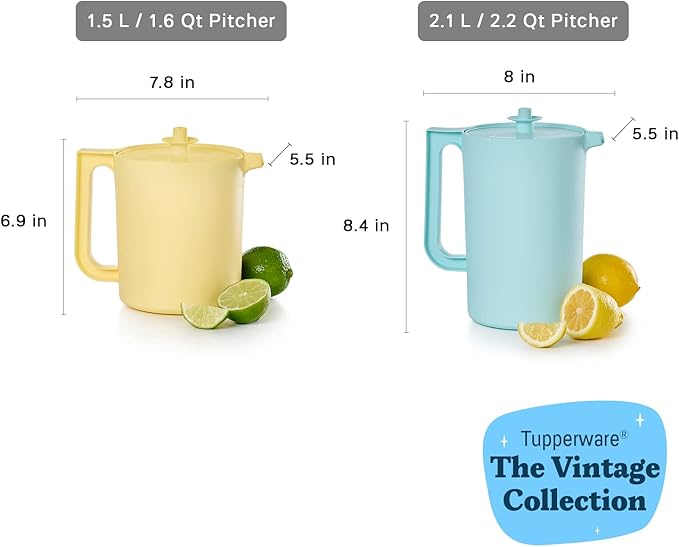 Tupperware Heritage Pitcher Set in Vintage Blue and Yellow Colors, Dishwasher Safe and BPA Free (Set of 2, 1.5 Qt./2 Qt.)