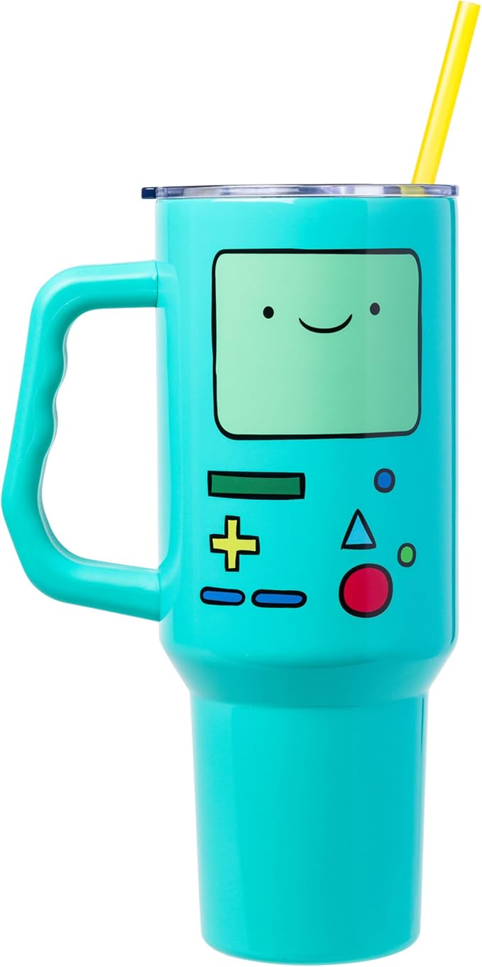 Silver Buffalo Adventure Time Featuring BMO Stainless Steel Tumbler with Handle and Straw, Fits in Standard Cup Holder, 40 Ounces