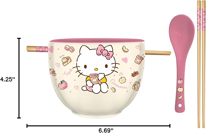 Silver Buffalo Sanrio Hello Kitty Apples and Cinnamon Ceramic Ramen Noodle Rice Bowl with Chopsticks and Spoon, Microwave Safe, 20 Ounces