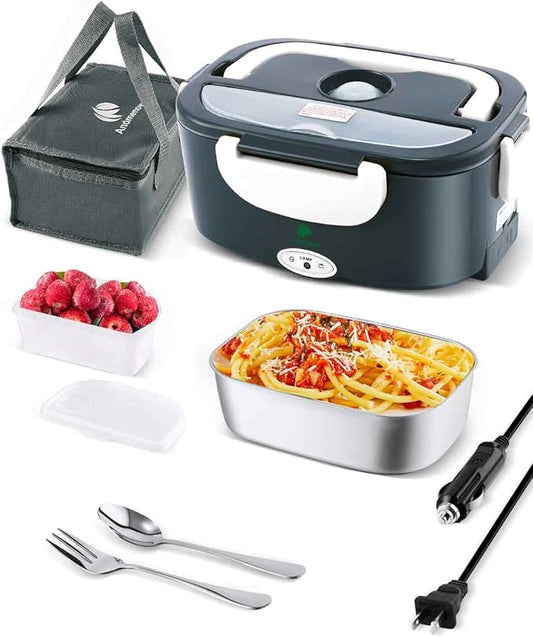 Electric Lunch Box For Adults, 80W Heated Lunch Box for Men 1.5L Stainless Steel, Portable Food Warmer for Car Truck Work, 12/24/110V, Loncheras Para Hombres De Trabajo, Heatable Lunchbox,White Grey
