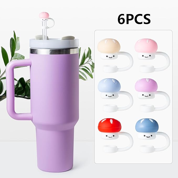 6Pcs Cute Mushroom Straw Cover Cap for Stanley Cup Decor, 10mm Reusable Cute Pink Drinking Straw Topper Accessories for, Portable Protector Plugs Decorations Gifts for Kids Party Favors