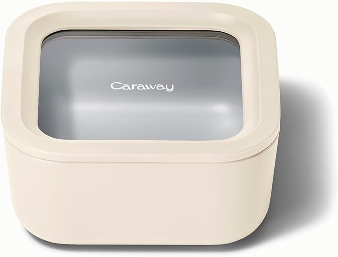Caraway Glass Food Storage - 4.4 Cup Glass Container - Ceramic Coated Food Container - Non Toxic, Non Stick Lunch Box Container with Lids. Dishwasher, Oven, & Microwave Safe - Cream