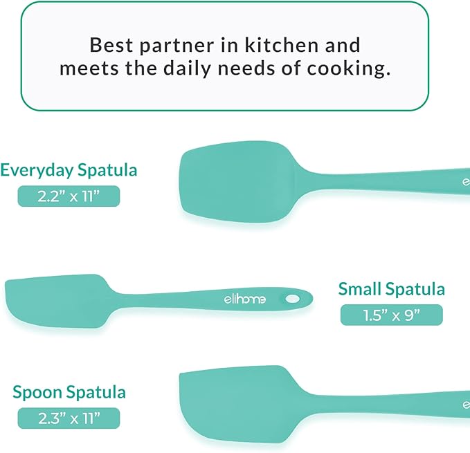 Elihome Chef Series 3 Piece Silicone Spatula Set - 600°F Heat Resistant Non Stick Rubber Kitchen Scraper Spatulas for Cooking, Baking, and Mixing – BPA Free and LFGB Certified Silicone, Green Color