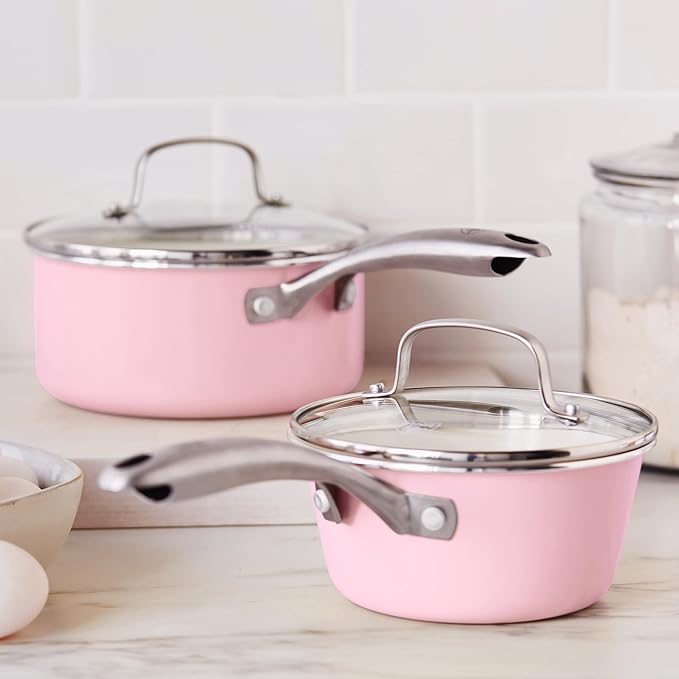 GreenLife Artisan Healthy Ceramic Nonstick, 1QT and 2QT Saucepan Pot Set with Lids, Stainless Steel Handle, PFAS-Free, Dishwasher Safe, Oven Safe, Soft Pink