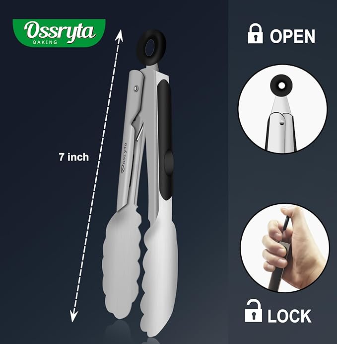 Stainless Steel Small Tong for Cooking - Mini 7 Inch Locking Tongs, Heat Resistant to 600°F, Food Grade Kitchen Metal Tong for Food, Salad, Pasta, Steaks, Vegetables - Dishwasher Safe