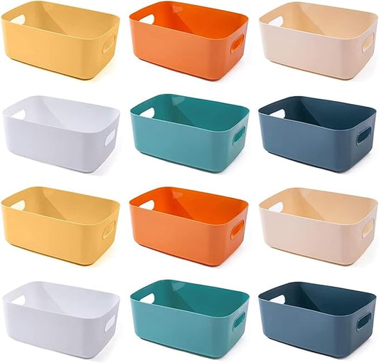 OWill 12 PCS Plastic Storage Bins and Baskets for Efficient Home Classroom Organization Small Containers in Multicolour for Kitchen, Cupboard box, and Bathroom Organizer on Shelves and Tubs
