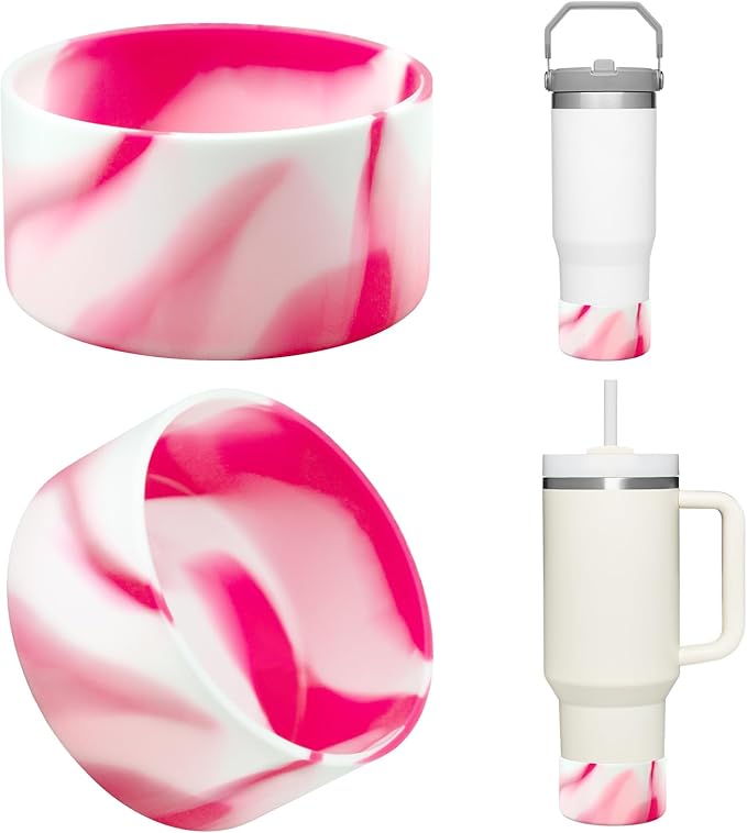 Upgrade 2PCS Protective Silicone Boot Bumper for Stanley Quencher Adventure 40oz 30oz IceFlow 20oz 30oz Tumbler, Water Bottle Bottom Sleeve Cover Accessories for Stanley Mug Cup(Rose Red+White)