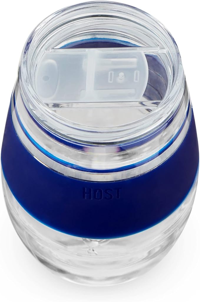 Host Cooling Wine Freeze Cup with Lid, Set of 2 Plastic Double Wall Insulated Tumbler Drink Cup with Freezing Gel for Red and White Wine, Blue