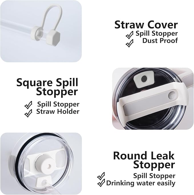 Silicone Spill Stopper Set Compatible with Stanley Cup 2.0 30oz & 40oz with Straw Cover (Set of 2, Cream)