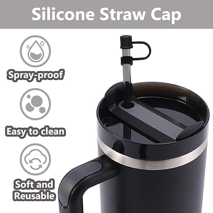 6PCS Silicone Straw Covers Cap Compatible with Stanley Cup 30-40 oz Tumbler with Handle 10mm Straw Toppers，Dust-Proof Reusable Straw Cover for Stanley Cup Accessories (Black)