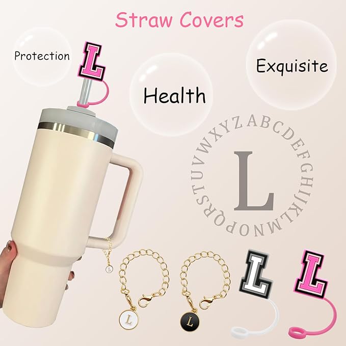 （2+2）2PCS Straw Cover for Stanley Cup 30&40 Oz 10mm Straw Topper with 2PCS Stanley Cup Accessories Letter Charms Name ID Initial Letter Handle Personalized Charm For Stanley Tumbler (Letter L)
