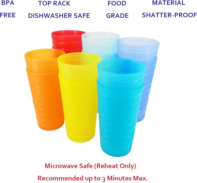 22-ounce Plastic Tumblers Unbreakable BPA Free Dishwasher Safe Set of 12 in Multicolors Reusable Drinking Cups
