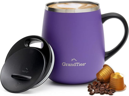 GRANDTIES Insulated Coffee Mug with Handle–Sliding Lid for Splash-Proof 16oz Wine-Glass Shape Thermal Tumbler with Double Walled Vacuum Stainless Steel to Keeps Beverages Hot or Cold-Sparkling Grape